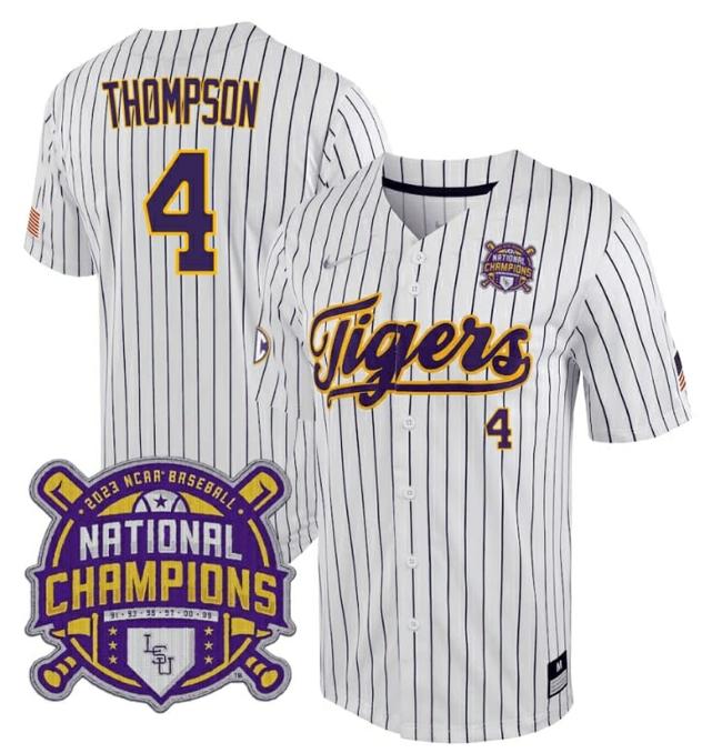 Men's Lsu Tigers Jordan Thompson Jersey #4 National Champions NCAA College Baseball Stitched White Stripe