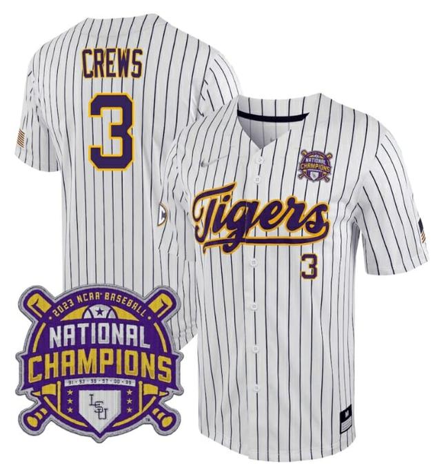 Men's Lsu Tigers Dylan Crews Jersey #3 National Champions NCAA College Baseball Stitched White Stripe