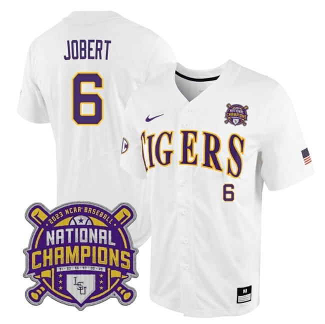 Men's Lsu Tigers Brayden Jobert Jersey #6 National Champions 2023 NCAA College Baseball Stitched White Tigers