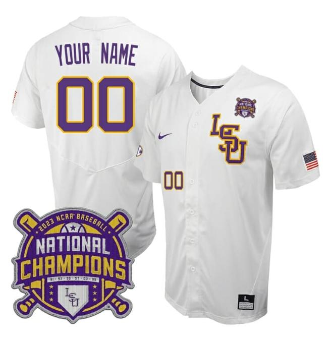 Men's Custom Lsu Tigers Jersey National Champions 2023 NCAA College Baseball Stitched White