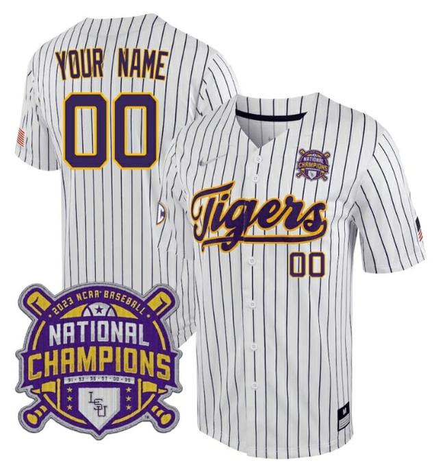 Men's Custom Lsu Tigers Jersey National Champions 2023 NCAA College Baseball Stitched White Stripe