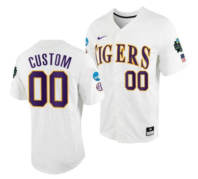 Men's Custom LSU Tigers Jersey Name and Number #00 White 2023 College World Series NCAA Baseball