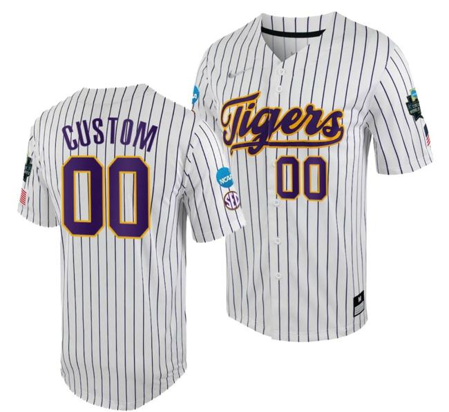 Men's Custom LSU Tigers Jersey Name and Number 2023 College World Series White Purple #00 NCAA Baseball