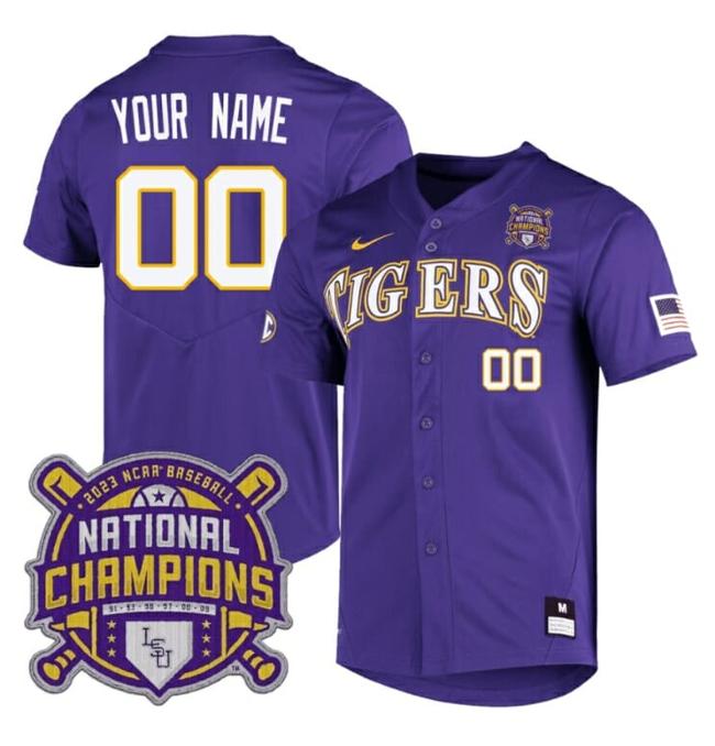 Men's Custom Lsu Tigers Jersey National Champions 2023 NCAA College Baseball Stitched Purple