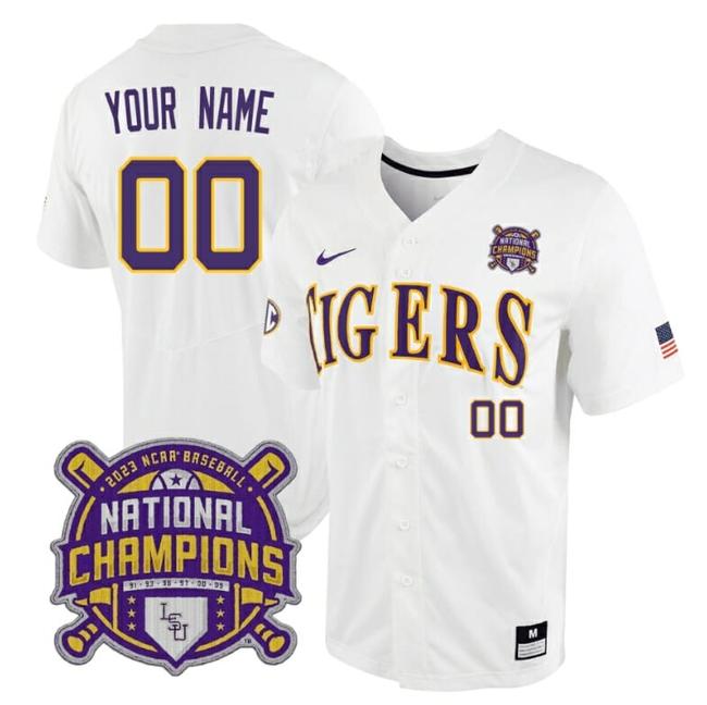 Men's Custom Lsu Tigers Jersey National Champions 2023 NCAA College Baseball Stitched White Tigers