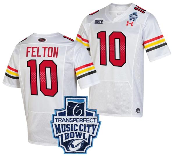 Men's Tai Felton Jersey #10 Maryland Terrapins 2023 Music City Bowl Patch Football White