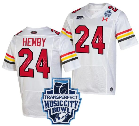 Men's Roman Hemby Jersey #24 Maryland Terrapins 2023 Music City Bowl Patch Football White