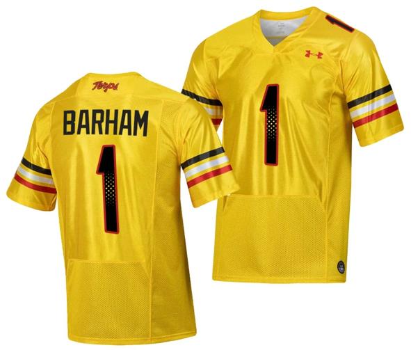 Men's Maryland Terrapins Jaishawn Barham Jersey #1 College Football Gold 2023 Script Uniform