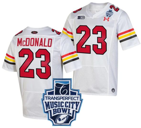 Men's Colby McDonald Jersey #23 Maryland Terrapins 2023 Music City Bowl Patch Football White