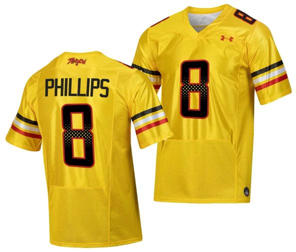 Men's Maryland Terrapins Jordan Phillips Jersey #8 College Football Gold 2023 Script Uniform