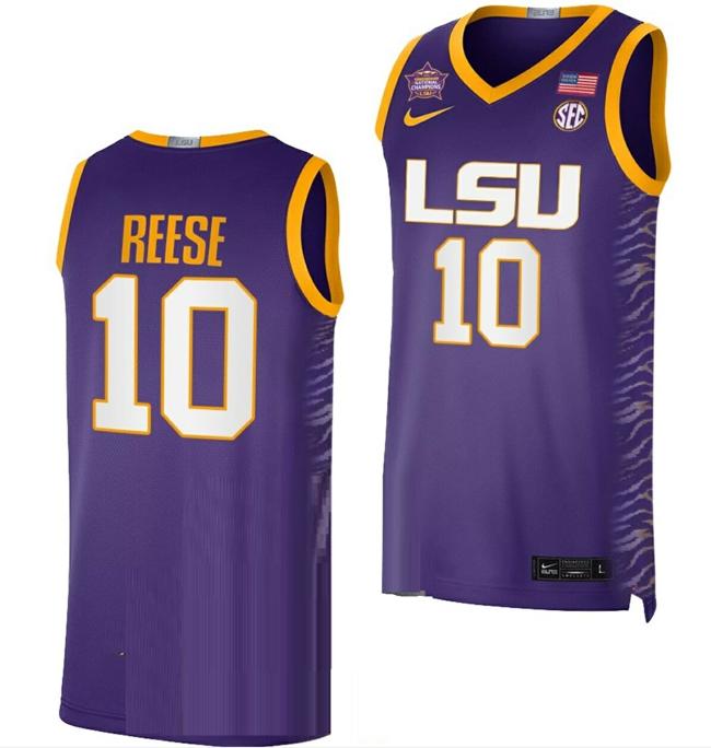 Men's Angel Reese Jersey LSU Tigers 2023 NCAA Basketball National Champions Purple #10