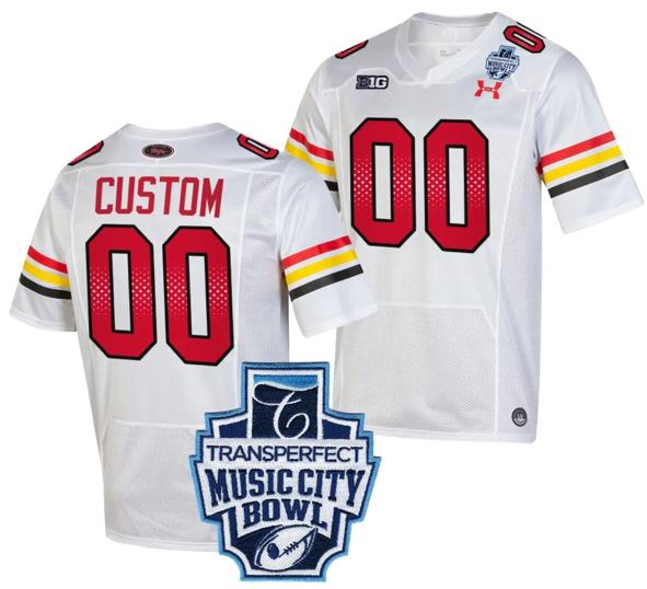 Men's Custom Maryland Terrapins Jersey Name and Number 2023 Music City Bowl Patch Football White