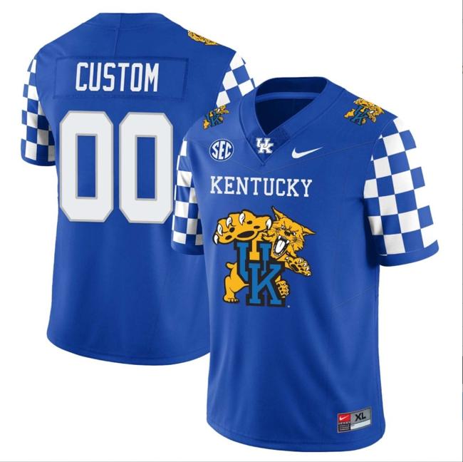 Men's Custom Kentucky Wildcats Jersey Name and Number Vapor Limited College Football Wildcats Logo Royal Checkerboard