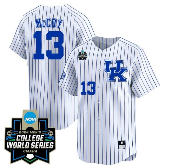 Men's James McCOY Jersey #13 Kentucky Wildcats 2024 College World Series Vapor Premier Limited NCAA Baseball Stitched White Pinstripe