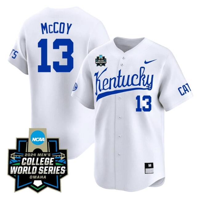 Men's James McCOY Jersey #13 Kentucky Wildcats 2024 College World Series Vapor Premier Limited NCAA Baseball Stitched White