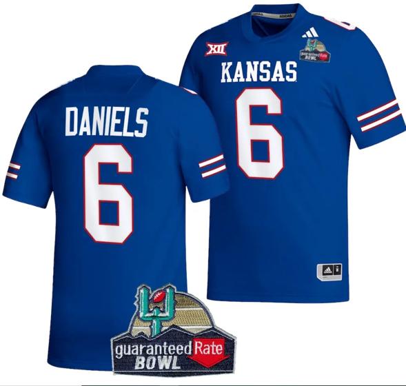 Men's Jalon Daniels Jersey #6 Kansas Jayhawks 2023 Guaranteed Rate Bowl Champs Football Royal