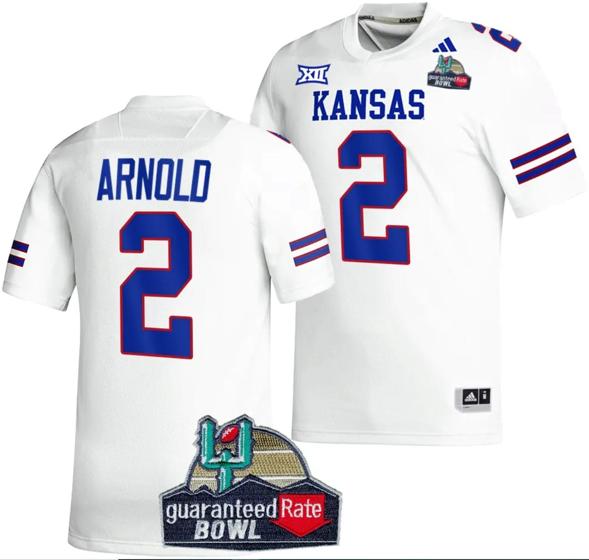 Men's Lawrence Arnold Jersey #2 Kansas Jayhawks 2023 Guaranteed Rate Bowl Champs MVP Football White