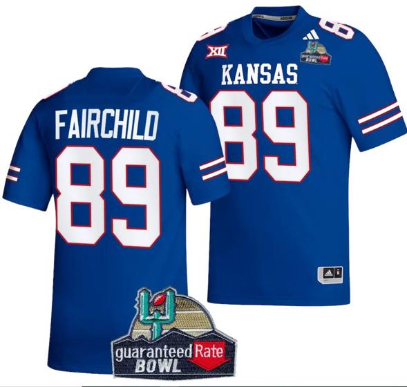 Men's Mason Fairchild Jersey #89 Kansas Jayhawks 2023 Guaranteed Rate Bowl Champs Football Royal