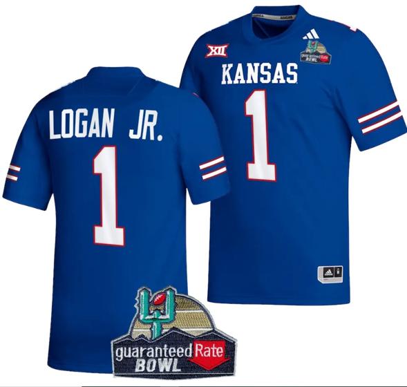 Men's Kenny Logan Jr Jersey #1 Kansas Jayhawks 2023 Guaranteed Rate Bowl Champs Football Royal