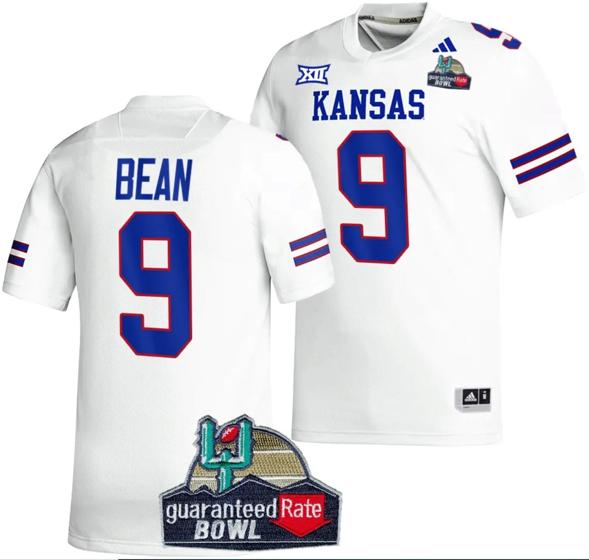 Men's Jason Bean Jersey #9 Kansas Jayhawks 2023 Guaranteed Rate Bowl Champs MVP Football White