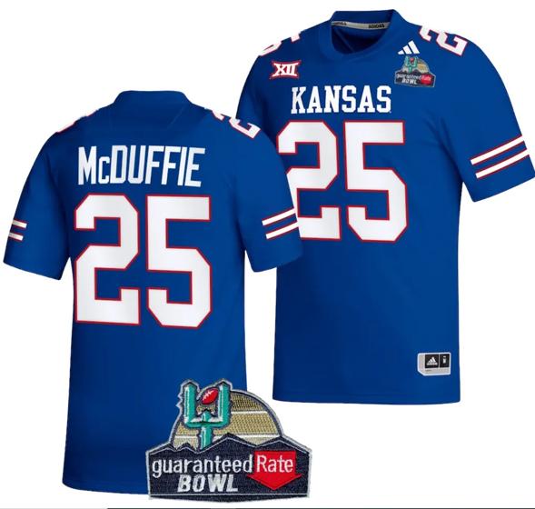 Men's Dylan McDuffie Jersey #25 Kansas Jayhawks 2023 Guaranteed Rate Bowl Champs Football Royal