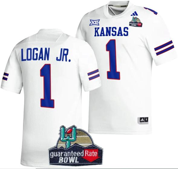 Men's Kenny Logan Jr Jersey #1 Kansas Jayhawks 2023 Guaranteed Rate Bowl Champs MVP Football White