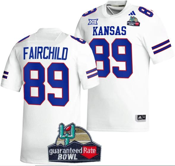 Men's Mason Fairchild Jersey #89 Kansas Jayhawks 2023 Guaranteed Rate Bowl Champs MVP Football White