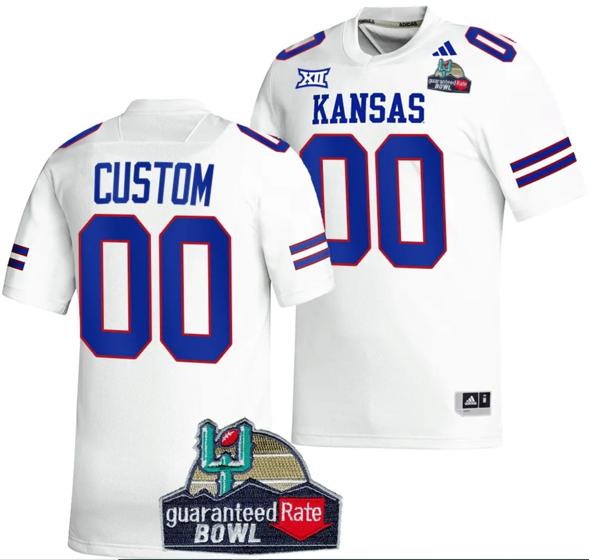 Men's Custom Kansas Jayhawks Jersey Name and Number 2023 Guaranteed Rate Bowl Champs Football White