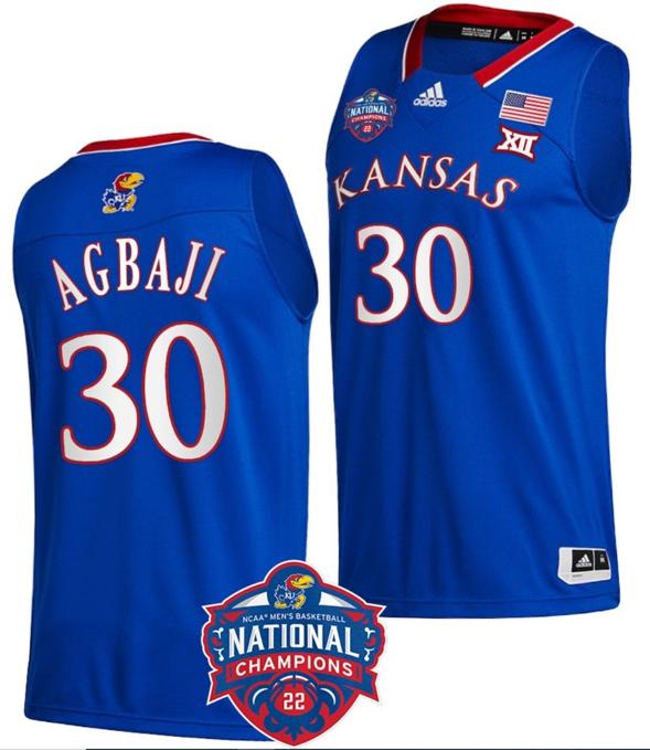 Men's Ochai Agbaji Jersey #30 Kansas Jayhawks Basketball 2022 NCAA National Champions Royal