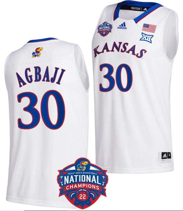 Men's Ochai Agbaji Jersey #30 Kansas Jayhawks Basketball 2022 NCAA National Champions White