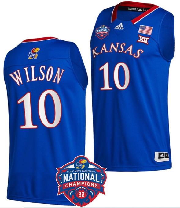 Men's Jalen Wilson Jersey #10 Kansas Jayhawks Basketball 2022 NCAA National Champions Royal