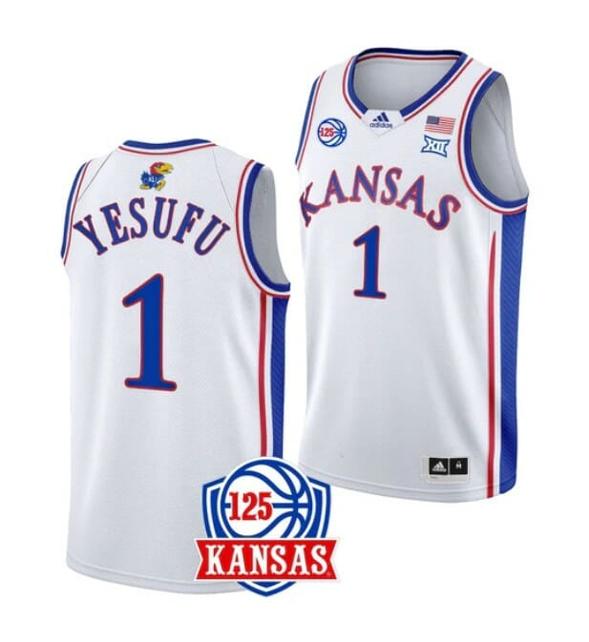 Men's Men's #1 Joseph Yesufu Jersey Kansas Jayhawks College Basketball Jerseys White