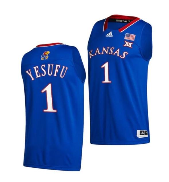 Men's Men's #1 Joseph Yesufu Jersey Kansas Jayhawks College Basketball Jerseys Blue 2022