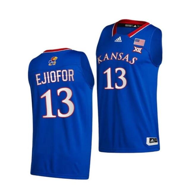 Men's Men's #35 Zuby Ejiofor Jersey Kansas Jayhawks College Basketball Jerseys Blue 2022