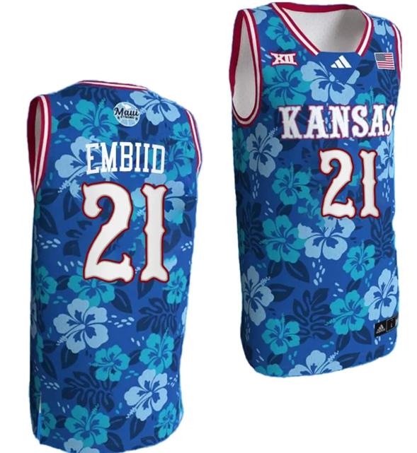 Men's Joel Embiid Jersey #21 Kansas Jayhawks Bill Self Game College Basketball Blue Maui Strong