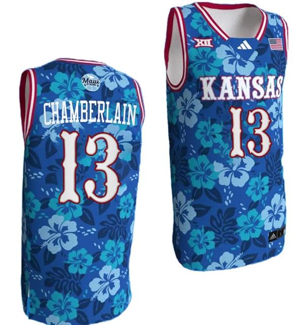 Men's Wilt Chamberlain Jersey #13 Kansas Jayhawks Bill Self Game College Basketball Blue Maui Strong