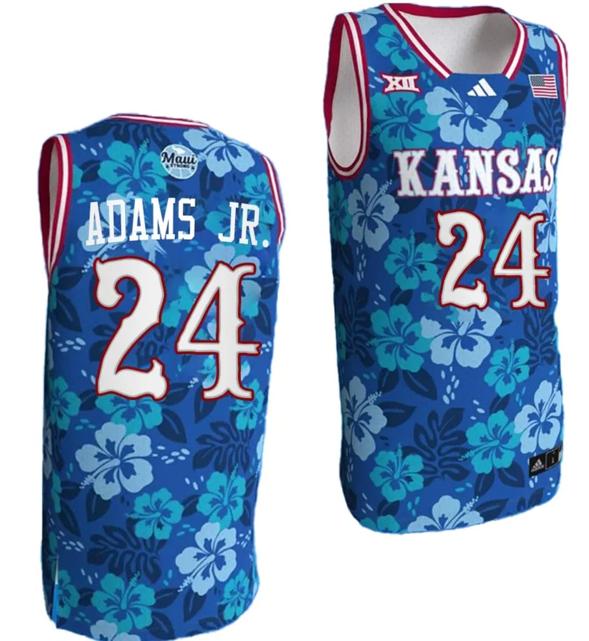 Men's KJ Adams Jr Jersey #1 Kansas Jayhawks Bill Self Game College Basketball Blue Maui Strong