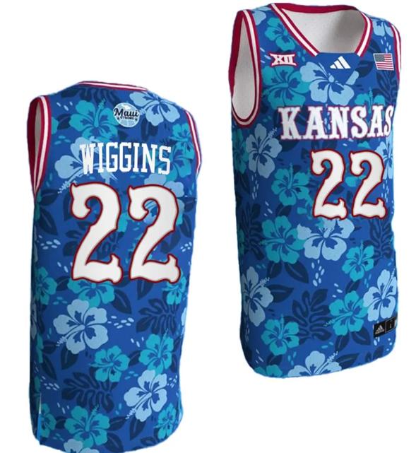 Men's Andrew Wiggins Jersey #22 Kansas Jayhawks Bill Self Game College Basketball Blue Maui Strong