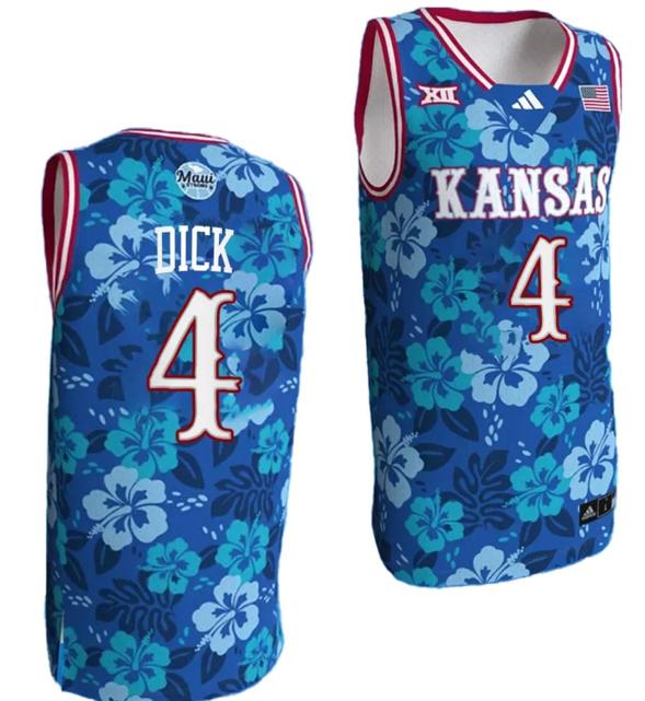 Men's Gradey Dick Jersey #4 Kansas Jayhawks Bill Self Game College Basketball Blue Maui Strong