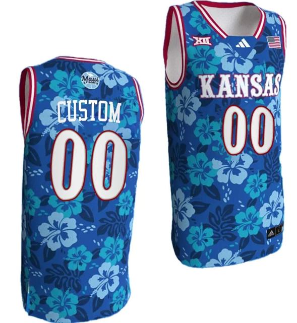 Men's Custom Kansas Jayhawks Jersey Name and Number Bill Self Game College Basketball Blue Maui Strong