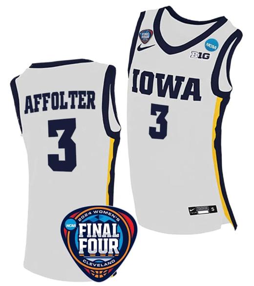 Men's Sydney Affolter Jersey #3 Iowa Hawkeyes Basketball 2024 NCAA March Madness Final Four White