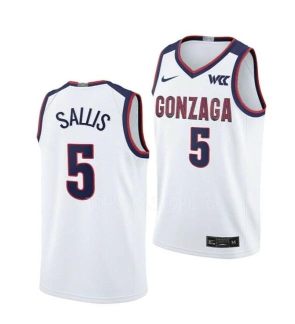 Men's #5 Hunter Sallis Gonzaga Bulldogs College Basketball Jerseys White