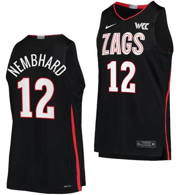 Men's Ryan Nembhard Jersey #12 Gonzaga Bulldogs NIL College Basketball Black