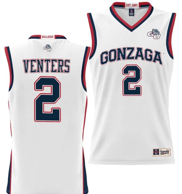 Men's Steele Venters Jersey #2 Gonzaga Bulldogs NIL College Basketball Lightweight White