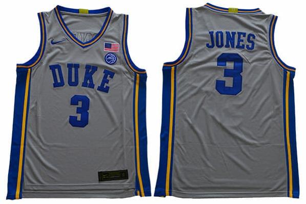 Men's Duke Blue Devils #3 Jones Basketball NCAA Basketball Jersey Grey