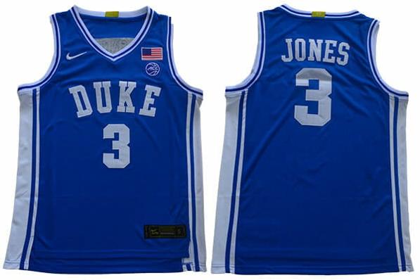 Men's Duke Blue Devils #3 Jones Basketball NCAA Basketball Jersey Blue