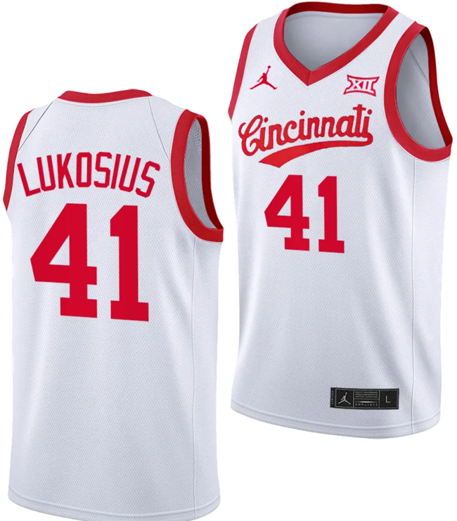 Men's Simas Lukosius Jersey #41 Cincinnati Bearcats 70s Throwback Basketball White