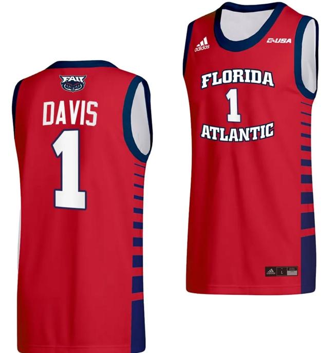 Men's Johnell Davis Jersey #1 FAU Florida Atlantic Owls College Basketball Replica Red