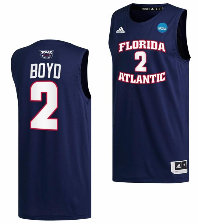 Men's Nicholas Boyd Jersey FAU Florida Atlantic Owls College Basketball 2023 NCAA March Madness Navy #2