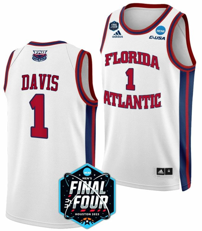 Men's Johnell Davis Jersey FAU Florida Atlantic Owls College Basketball 2023 NCAA Final Four White #1